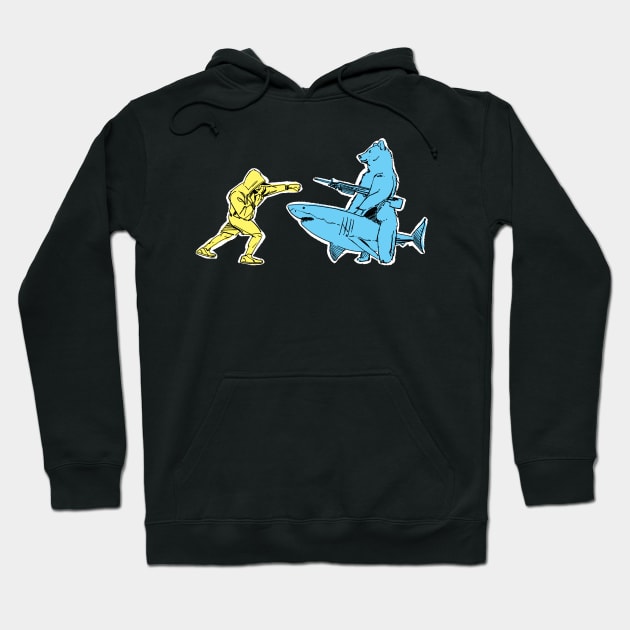 Man vs Bear who has a machine gun who rides a Shark Hoodie by TheObscureGentlemen